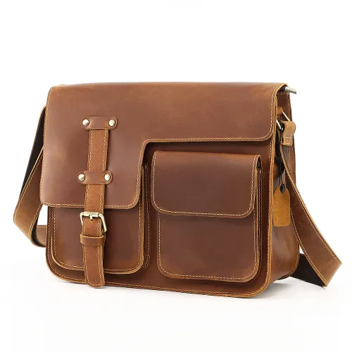 Genuine Leather Men’s Crossbody Messenger Bag – Crazy Horse Retro Shoulder Bag, Multi-Functional
